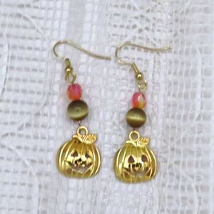 Handmade Gold Tone Pumpkin Earrings Dangle Drop Women Halloween Casual Work
